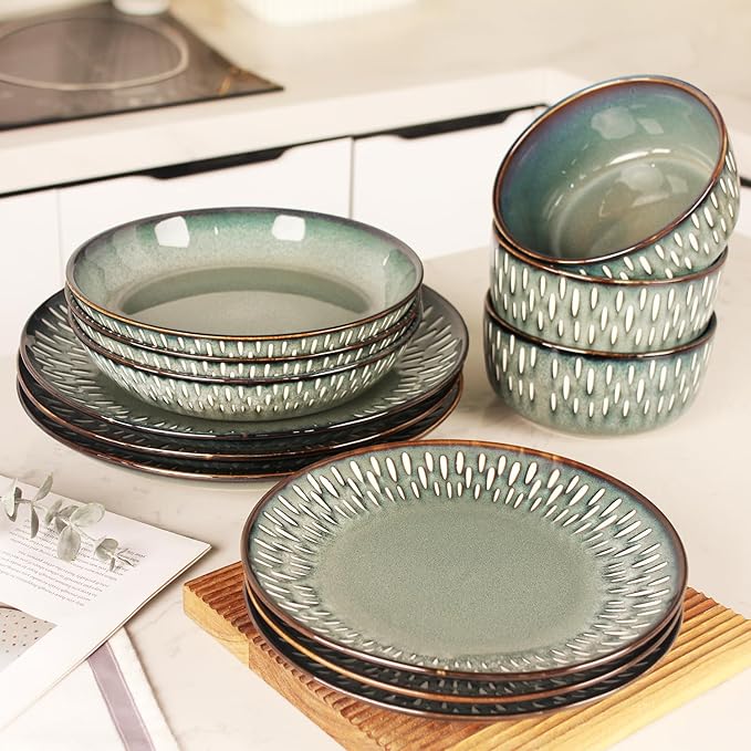 Dinnerware Sets 16 Pieces - Round Reactive Glaze Tableware - Kitchen Dinnerware Porcelain Crockery with Dinner Plate, Bowl and Soup Plate Service for 4, Microwave Dishwasher Safe, Set No.1