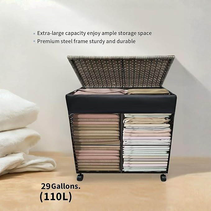 Laundry Hamper Wicker With Lid and Wheels, Collapsible Rattan Clothes Hamper 29 Gal (110 L) Removable Linerdouble Laundry Basket Handwoven for Clothes Storage in Bedroom(Gray)