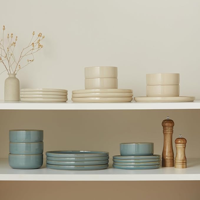 Dinnerware Set, 12 Piece Service for 4, by Kook, Ceramic 10.5” Dinner Plates, 8.2” Salad Plates and 25 oz Soup Bowls, Stoneware, 12 Piece Set, Somerset Collection (Beige)