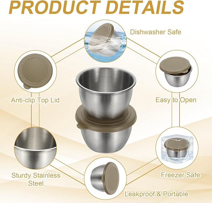 uxcell 1 Set 2.8oz Stainless Steel Salad Dressing Containers with Silicone Lids, Reusable Dipping Sauces Cups, Leakproof Condiment Containers for Picnic Travel Kitchen, Brown