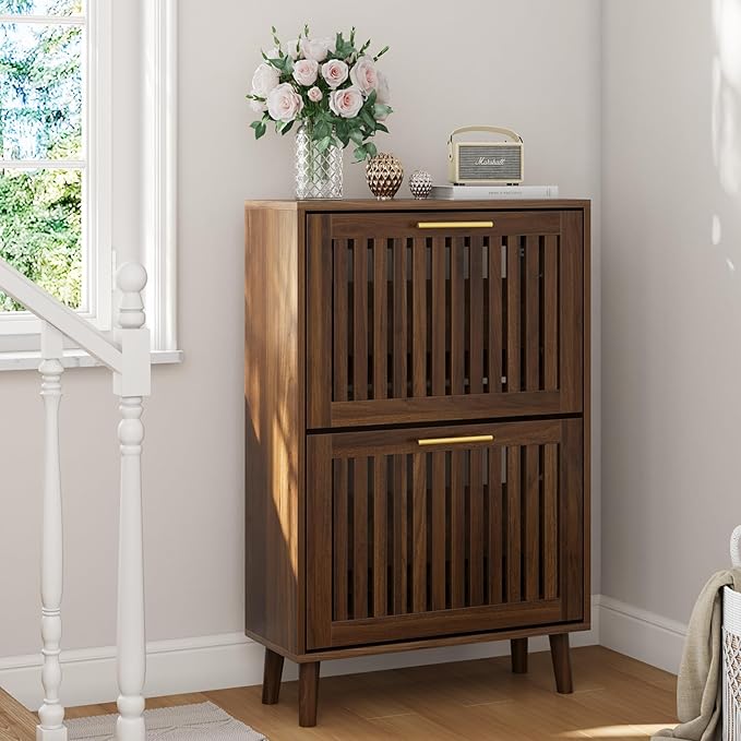 Shoe Cabinet with 2 Flip Slatted Drawers, Farmhouse Slim Shoe Organizer Rack with Golden Handles, Freestanding Hidden Entryway Storage for Hallway, Walnut