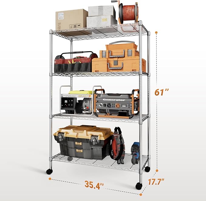 Simple Deluxe Heavy Duty 4-Shelf Shelving with Wheels, 35.43" D x 17.72" W x 61.02" H Adjustable Steel Organizer Wire Rack 1000 Lb Capacity, Chrome, 2 Pack