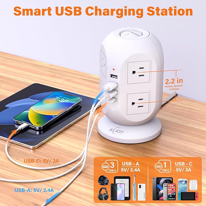 AiJoy Surge Protector Power Strip Tower with 8 Outlets 4 USB Ports(1 USB-C), 10 FT Flat Extension Cord with Multiple Outlets, Charging Tower with Surge Protection for Home Office Dorm Room Essentials