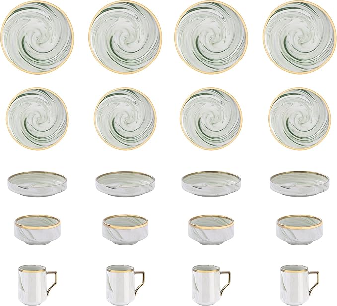 20 Piece Plates and Bowls Sets, Fine China Artisan Marbled Dinner Set for 4, Dishwahser Safe, Scratch Resistant, Green with Gold Line