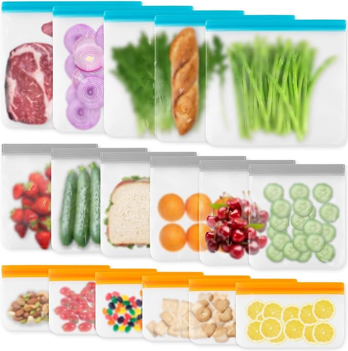 17 Pack Reusable Freezer Bags Dishwasher Safe, Leakproof Food Storage Bags, Silicone Bags for Food Storage Home Organization (6 Reusable Snack Bags 6 Sandwich Bags 5 Gallon Freezer Bags)