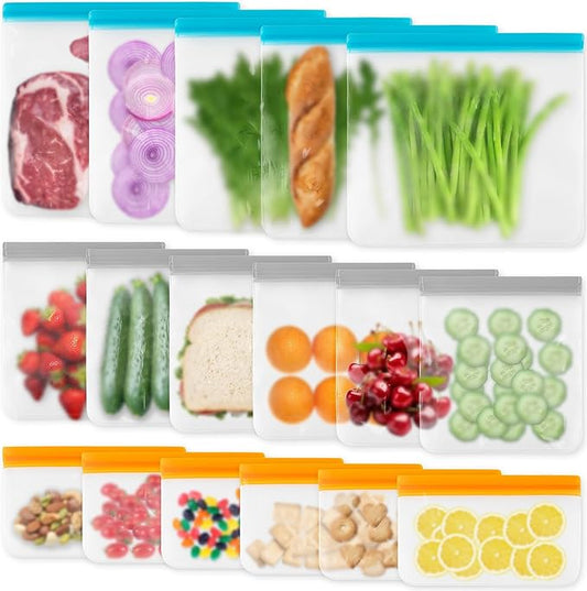 17 Pack Reusable Freezer Bags Dishwasher Safe, Leakproof Food Storage Bags, Silicone Bags for Food Storage Home Organization (6 Reusable Snack Bags 6 Sandwich Bags 5 Gallon Freezer Bags)
