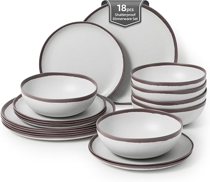 18PCS Purple Rim Vintage Melamine Dinnerware Set For 6 Outdoor Plates and Bowls Sets, Dishes Set