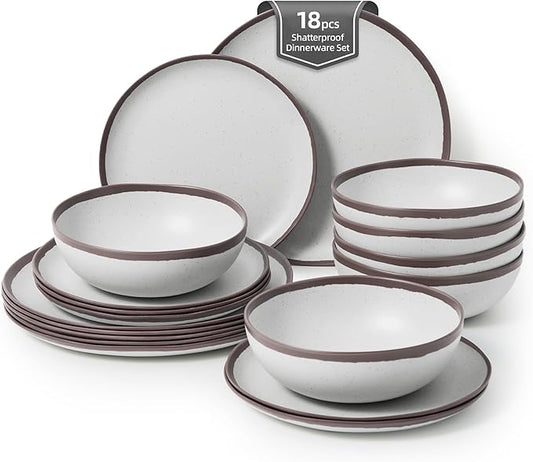 18PCS Purple Rim Vintage Melamine Dinnerware Set For 6 Outdoor Plates and Bowls Sets, Dishes Set