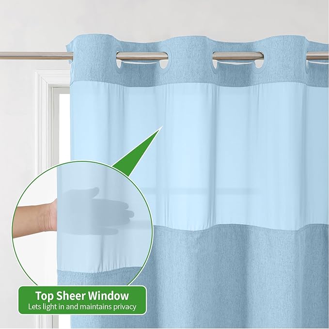 Extra Long No Hooks Needed Linen Textured Shower Curtain with Snap-in Fabric Liner Set,White Hotel Luxury Decor Shower Curtains for Bathroom,Waterproof & Washable,71Wx86H,Fog Blue