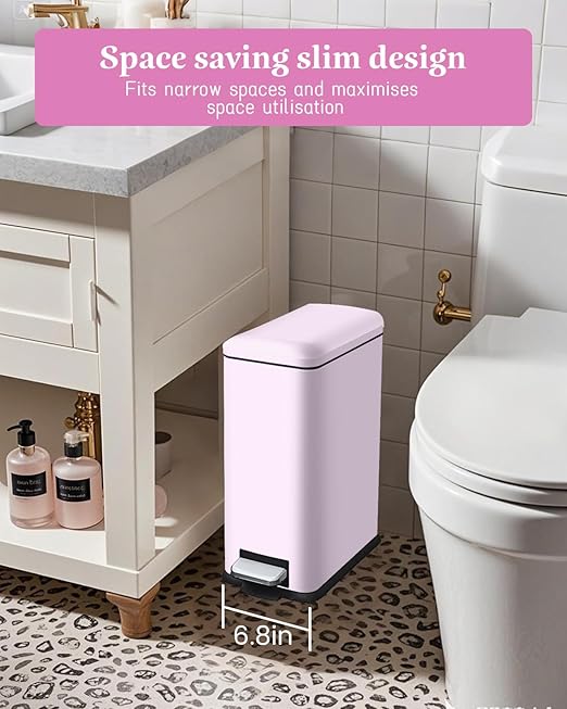 Pink Trash Can, 2.6 Gallon Bathroom Trash Can with Lid, Stainless Steel Garbage Can with Removable Liner Bucket, 10 Liter Rectangle Step Trash Bin for Office, Kitchen, Bedroom, Living Room