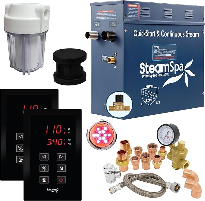 SteamSpa Executive 4.5 KW QuickStart ACU-Steam Bath Generator Package with Built-in Auto Drain and Install Kit in Matte Black | Steam Generator Kit with Dual Control Panel Steamhead 240V | EXT450MB-A