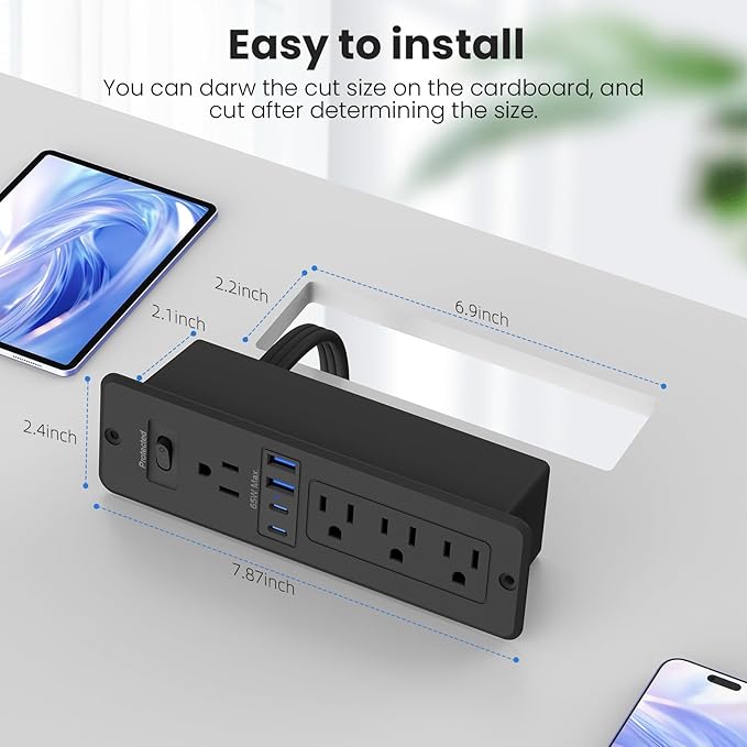 65W GaN USB C Recessed Power Strip, 4 AC Outlets & 2 USB-C PD + 2 USB-A QC, Flush Mount Hidden Charger Station for Desk Drawer Home Office Furniture