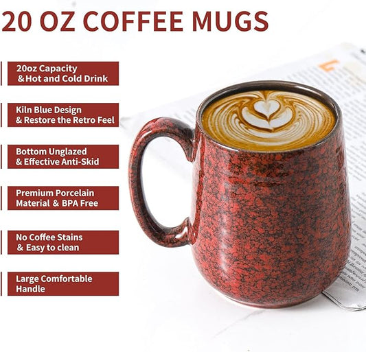 Hasense Large Coffee Mugs Set of 2, Ceramic 20 oz Coffee Cups for Office and Home, Modern Coffee Mug with Big Handle for Latte Coffee Tea Soup as Friend Gifts, Dishwasher and Microwave Safe, Red