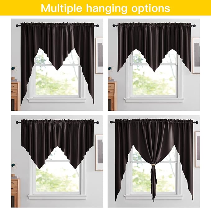 NICETOWN Blackout Pole Pocket Kitchen Tier Curtains, Tailored Scalloped Valance/Swags for Bedroom/Thanksgiving (2 Pieces, W36 X L63 inches Each Panel, Brown)