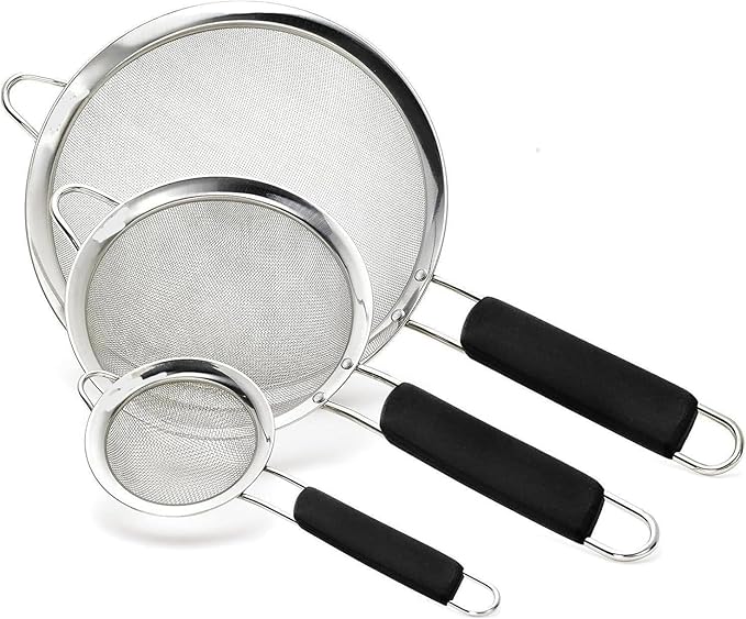 ELEEN Stainless Steel Strainer | Set of 3 Kitchen Strainers Available Sizes (S,M,L) | Perfect Strainers for Kitchen Use (Black Handle Pack of 3)