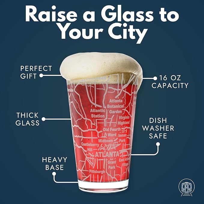 Greenline Goods – Atlanta, GA Map Pint Beer Glasses (Set of 2), 16 oz – Etched Wrap Design