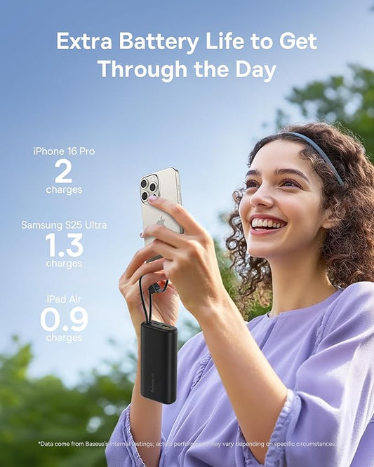 Baseus Mini Power Bank Fast Charging 67W, 10000mAh Small Portable Phone Charger Built-in Dual USB C Braided Cable, Travel Essential Battery Pack for iPhone 17/16/15, iPad, Samsung Galaxy S25/S24 etc.