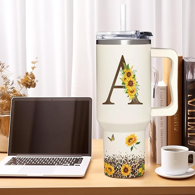 Personalized Birthday Gifts For Women - Sunflowers Monogrammed Cup For Boss Day, Christmas - Customized Gifts For Women, Mom, Wife, Coworkers, Boss Lady, Her - Custom Tumbler With Handle 40oz