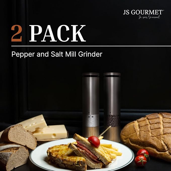 Automatic Battery Operated Electric Pepper and Salt Mill Grinder Set with Adjustable Mechanism for Fine, Medium, and Coarse Grinding (2 Pack)