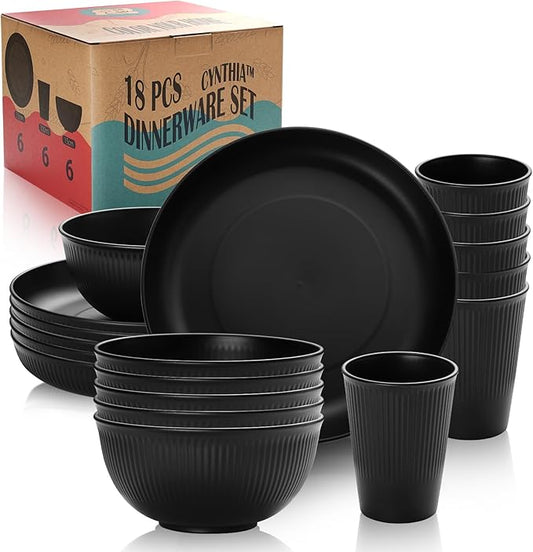 Cythia Plates and Bowls Sets for 6, 18 Pieces Kitchen Dinnerware Set Plastic Dishes Set Wheat Straw Reusable Dinner Plates, Cereal Soup Bowls and Cups Tableware for Home Parties Camping