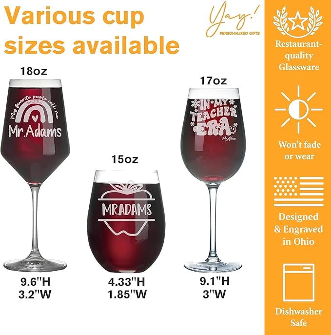Personalized Teacher Gifts, Custom Wine Glasses for Women, Teachers Appreciation Gift，Engraved Funny Gift for Preschool Elementary High School Teacher Professor