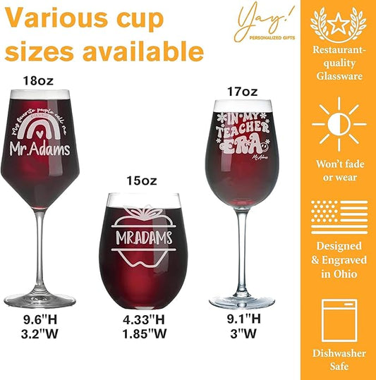 Personalized Teacher Gifts, Custom Wine Glasses for Women, Teachers Appreciation Gift，Engraved Funny Gift for Preschool Elementary High School Teacher Professor