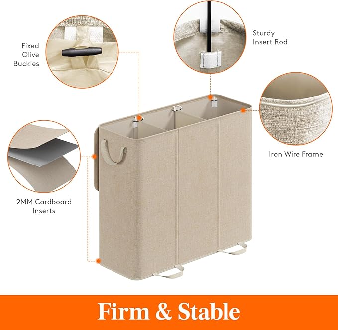Lifewit Triple Laundry Hamper with Lid and Removable Laundry Bags, Large Collapsible 3 Dividers Dirty Clothes Basket with Handles for Bedroom, Laundry Room, Closet, Bathroom, College, 185L Beige
