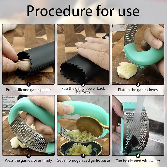 Upgraded Stainless Steel Garlic Press, Rocker Mincer Crusher Masher with Peeler and Cleaning Brush, Chopper for Kitchen Gadgets (C-BLACK)
