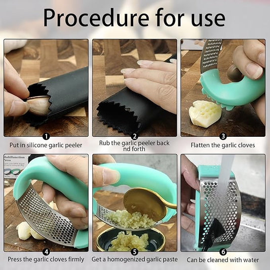 Upgraded Garlic Press Rocker, 2025 New Stainless Steel Garlic Presser, Garlic Mincer Crusher Masher with Peeler and Cleaning Brush, Garlic Chopper for Smash Garlic Kitchen Gadgets Tools (A-GREEN)
