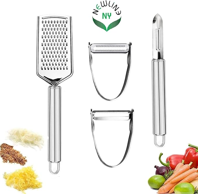 NewlineNY Stainless Steel Kitchen Tools: Veggie Fruit Shredder Slicer Grater Peeler, 4 Pcs Set: 1 Straight 1 Julienne Peeler 1 Cheese Vegetable Grater 1 Traditional