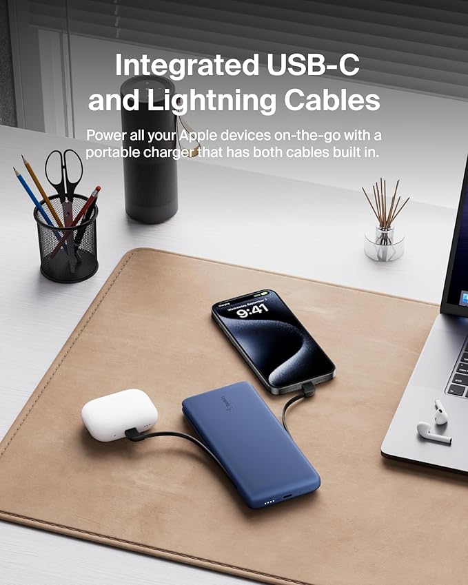 Belkin Portable Charger Power Bank for iPhone/Android - 10,000mAh, 23W Battery Pack for Phone with Integrated USB-C, Lightning Cables - Pass-Through Capability, Charge 2 Devices at Once