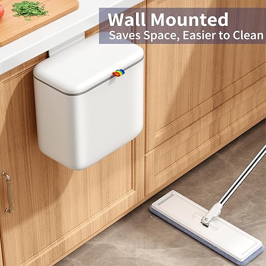 Compost Bin Kitchen for Countertop or Under Sink, 2.6 Gallon Hanging Small Trash Can with Lid, Garbage Can for Cabinet Door, Indoor/outdoor Food Waste Bin for Kitchen, Bathroom, RV, Office, White