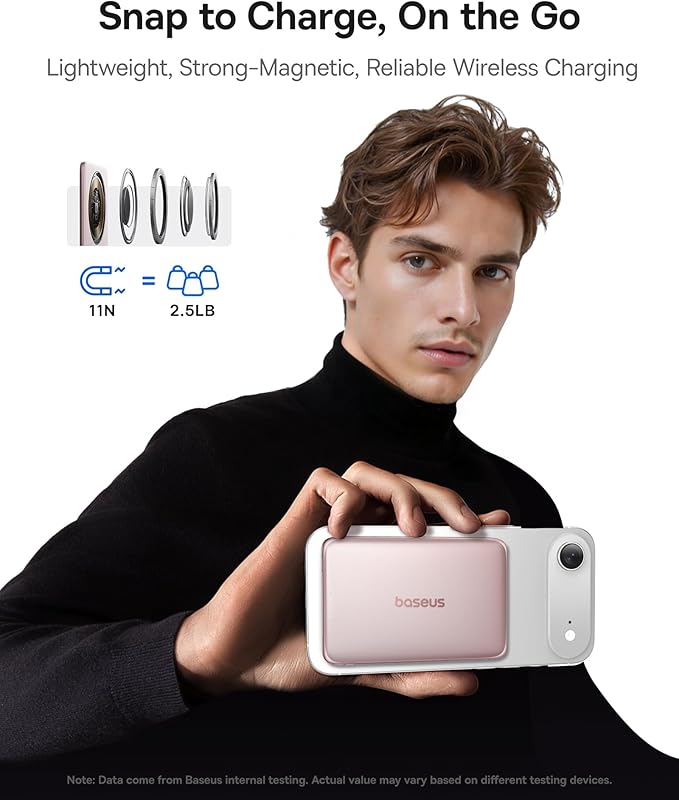 Baseus Picogo Power Bank, 0.3" Ultra Slim 5000mAh MagSafe Battery Pack, Upgraded Polished Alloy Magnetic Portable Charger, Wireless Charger with USB-C Cable for iPhone 17 Pro Max/17 Air/16/15/14/13/12