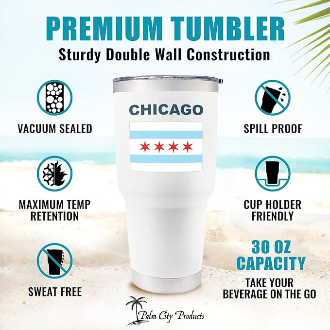 Palm City Products Premium 30 oz Chicago White Tumbler with Slider Lid - Featuring Chicago Flag Design - Ideal Themed Gift Souvenir