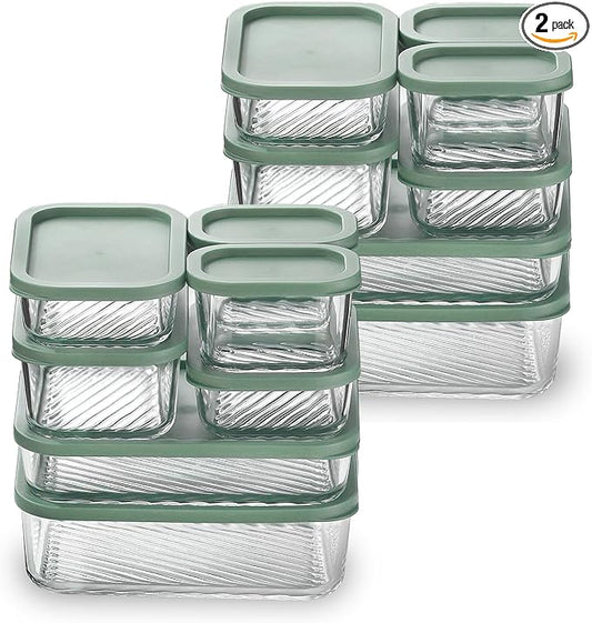 EATEX 14 Pack Glass Meal Prep Containers with Grooved Base, 14 Stackable BPA Free Glass Storage Containers with Lids for Lunch, Pantry, and Kitchen - Microwave, Dishwasher Freezer & Oven Safe - Sage