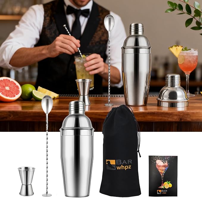 Cocktail Shaker Set, 24oz Stainless Steel Bartender Kit with Measuring Jigger & Mixing Spoon,Cocktail Recipe,Professional Martini Shaker for Home Bar, Drink Mixer Set for Beginner & Bartender Gift