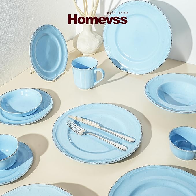 20pc Dinnerware Set, Plate and Bowl Set, Stoneware Dishes Set for 4, Microwave and Dishwahser Safe, Scratch Resistant, French Countryside Speckled Antique Blue
