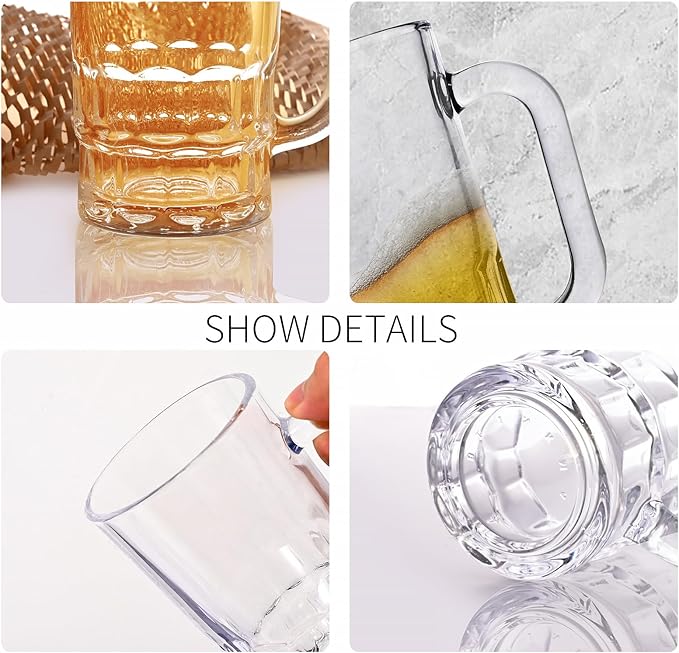 Beer Mugs Set, 11.5oz Glass Mugs With Handle, Beer Glasses For Freezer, 340ml Beer Drinking Glasses, Traditional Stein For Bar, Beverages,Coffee, Teas, Set of 4