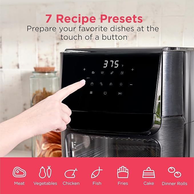 Frigidaire 5-in-1 Air Fryer Combo Oven with Viewing Window, Large 12.6 QT Capacity, Digital Display, 5 Cooking Modes, 7 Recipe Presets, Automatic Shake Reminder, PFAS-Free Cooking Surfaces, Black