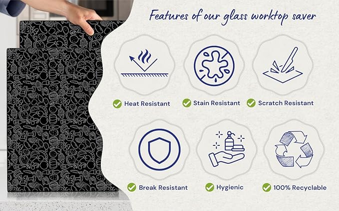 Glass Cutting Board 16"x12": Tempered Glass Kitchen Counter Protector - Durable- Scratch-Resistant, Heat-Proof - Design 4 - Black Design
