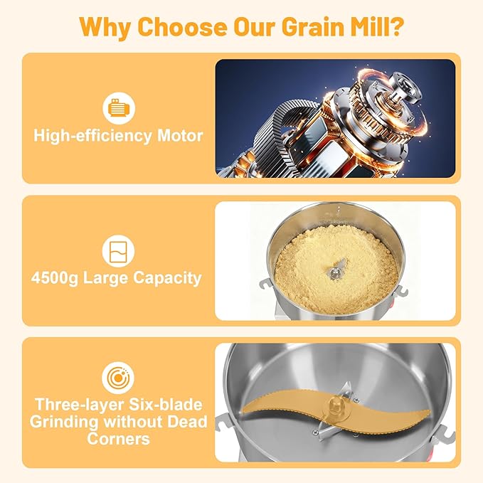 4500g Electric Grain Mill Grinder, High Speed 5000W Commercial Grinders, Stainless Steel Machine for Dry Grains, Coffee, Corn (4500g/10lbs Capacity)