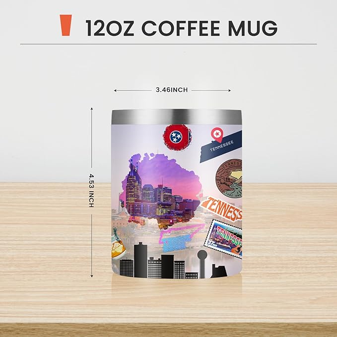 12oz Coffee Mug Tennessee State Insulated Coffee Cups, United States Map Travel Mug Landmark, Birthday Gifts Cute Mugs with Lid and Straw Gifts for Mom