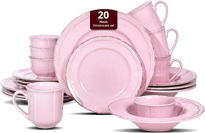 20pc Dinnerware Set, Plate and Bowl Set, Stoneware Dishes Set for 4, Microwave and Dishwahser Safe, Scratch Resistant, French Countryside Speckled Antique Pink