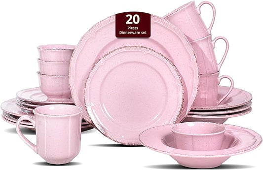 20pc Dinnerware Set, Plate and Bowl Set, Stoneware Dishes Set for 4, Microwave and Dishwahser Safe, Scratch Resistant, French Countryside Speckled Antique Pink