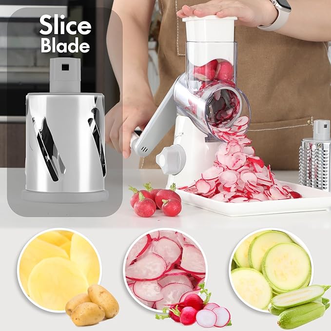 Rotary Cheese Grater with Handle, Kitchen Speed Hand Crank Vegetable Slicer, Potato Hash Brown Shredder Spinning Nut Grinder with 3 Replaceable Stainless Steel Drum Blades (White)