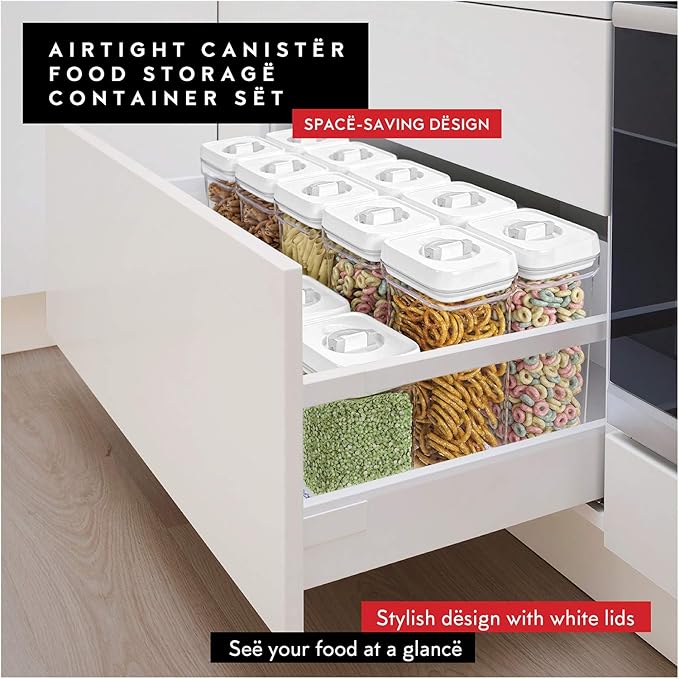 DWËLLZA KITCHEN Airtight Food Storage Containers for Pantry With White Lids – 6 Pack - Clear Air Tight Kitchen Containers Pantry Organization and Storage - BPA-Free Plastic - Keeps Food Fresh & Dry