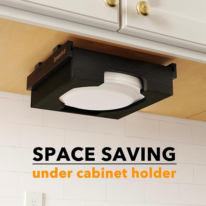 SpaceAid 9-inch Paper Plate Dispenser, Under Cabinet Bamboo Plates Holder, Kitchen Counter Vertical Dipensers Holders Countertop Caddy, Black