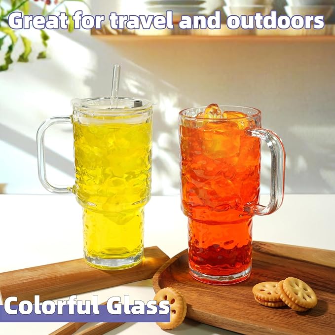 20 oz Glass Tumbler with Handle Set, 2 Pcs Clear Stanley Cup with Straw and Lid, Reusable Glass Cups for Coffee, Tea, Coffee, Juice, Yogurt, And Soda Water