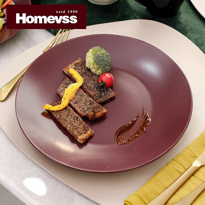 Stoneware Two-Tone Colors Life 12pc Dinner Set， Outside Shiny Black + Inside Matte glaze Plum