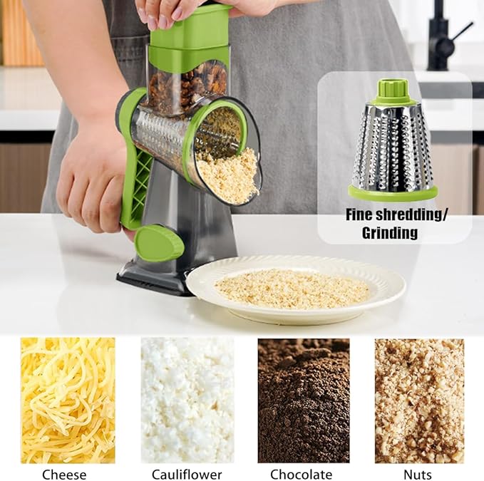 Rotary Cheese Grater Shredder with Handle Handheld Round Mandoline Vegetable Slicer Carrot Shredder Nut Grinder with 3 Replaceable Stainless Steel Drum Blades and Upgrade Strong Suction, Grey/Green